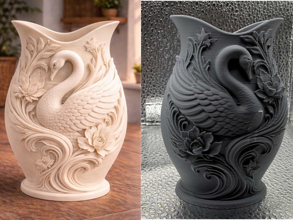 Elegant Swan Relief Vase Floral Nature Art Decor