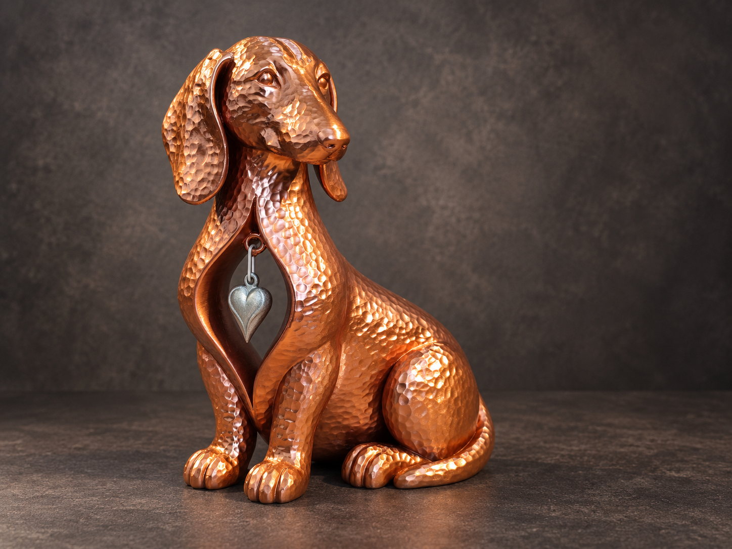 Hammered Metal Dachshund Statue with Hanging Heart - 1