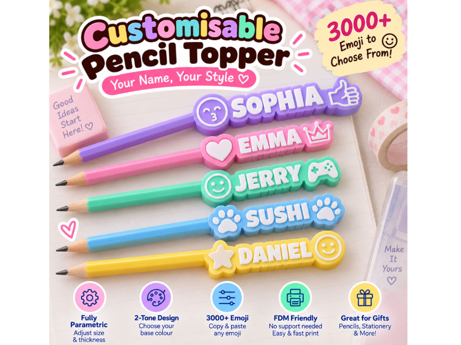 3000+ Emoji Pencil Topper – Custom Name Kids Pen - 1