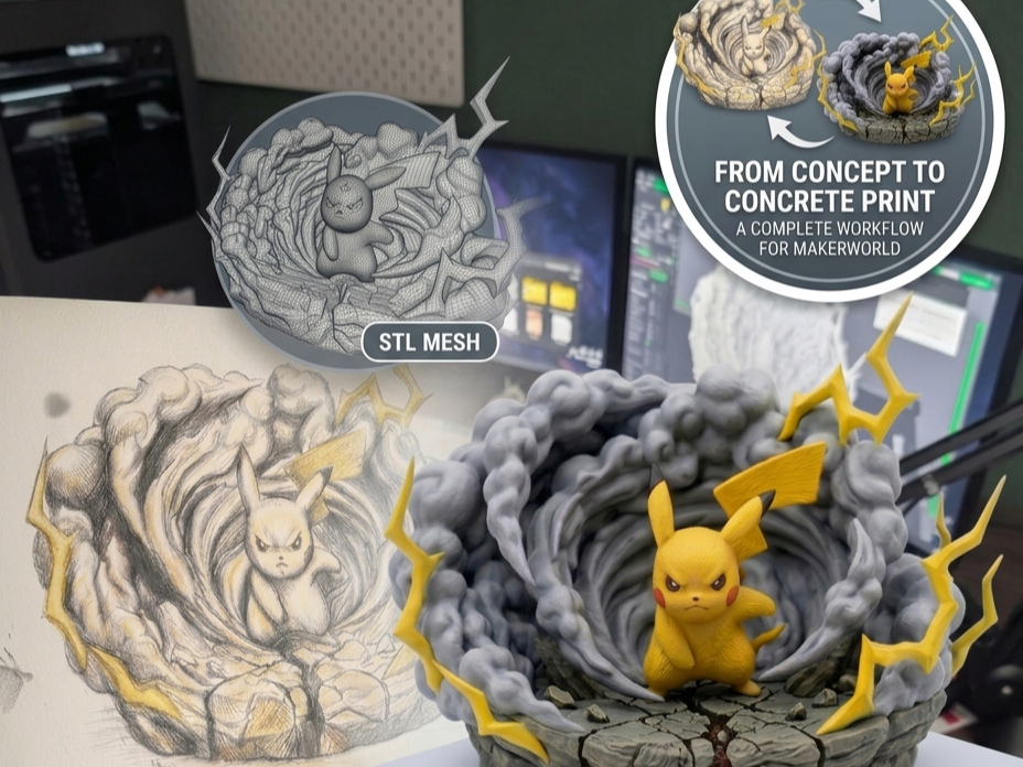 Pikachu Thunderstorm Diorama / Sketch to 3D Print