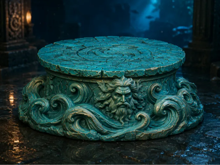 Letrero o emblema decorativo: Poseidon Oceanic Display Base. Referencia del modelo original.