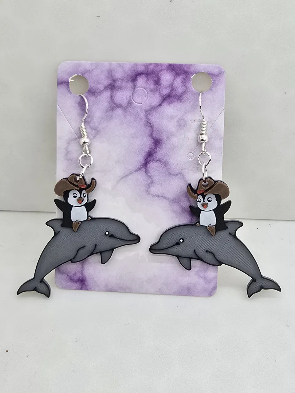 Penguin riding a dolphin Earrings view 4