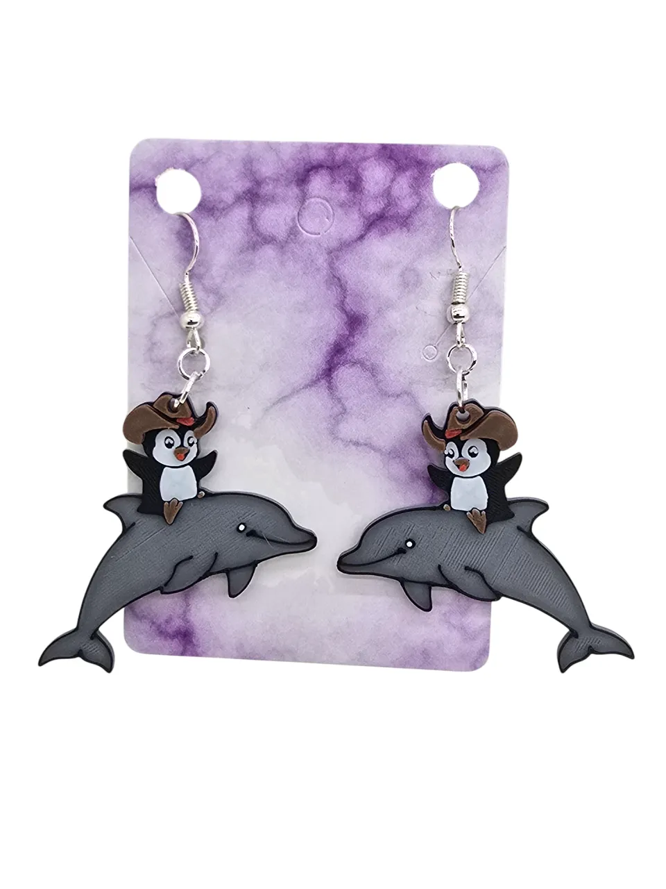 Penguin riding a dolphin Earrings view 2
