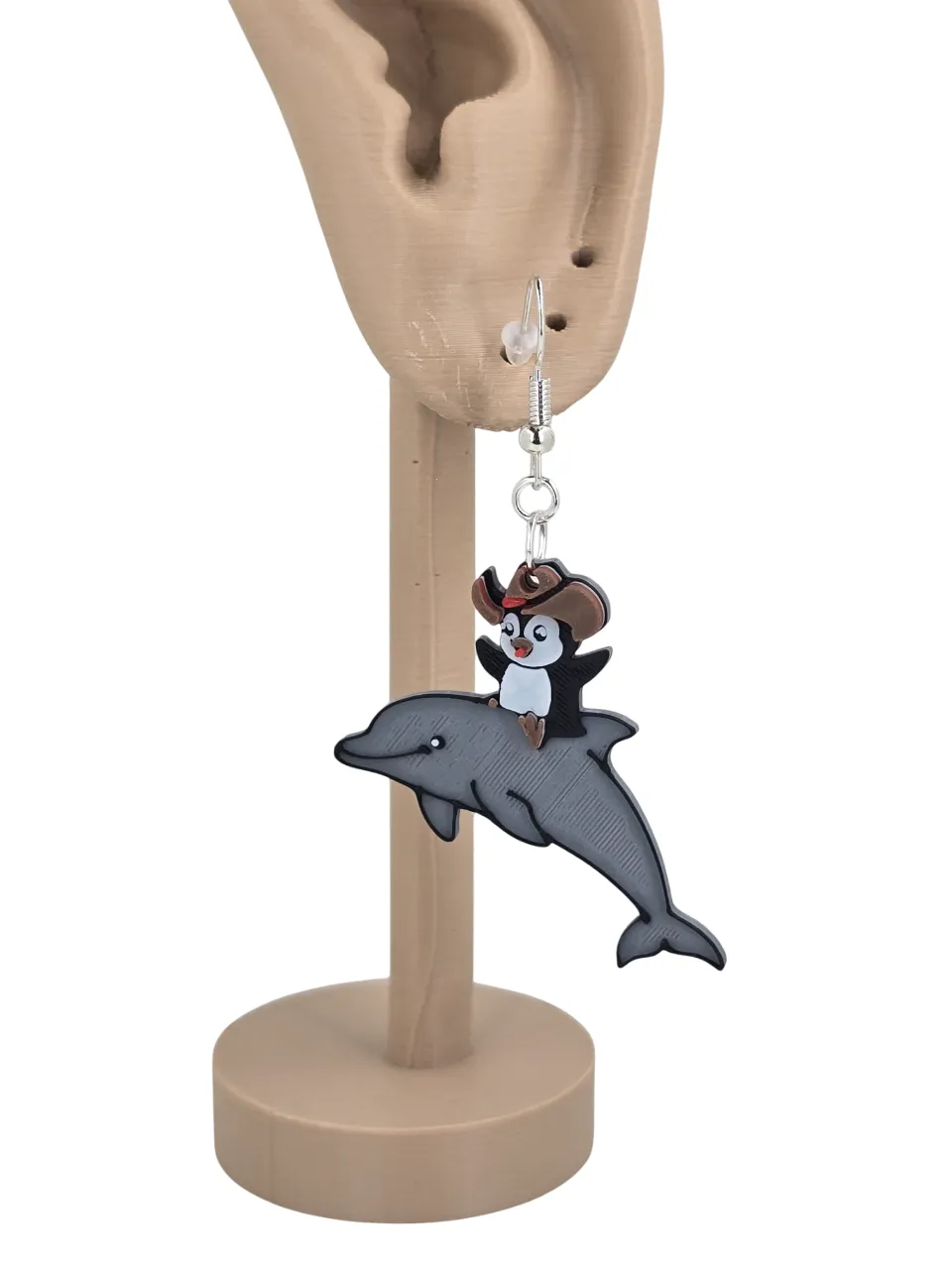 Penguin riding a dolphin Earrings view 3