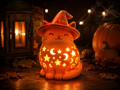 Accesorio de iluminación decorativa: Halloween Witch Cat Lantern — referencia de MakerWorld