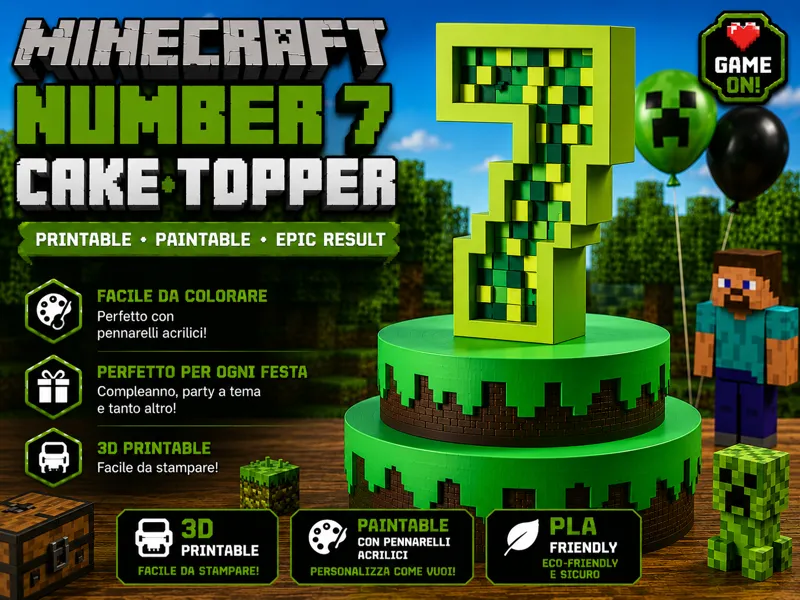 Minecraft-Inspired Number 7 Cake Topper