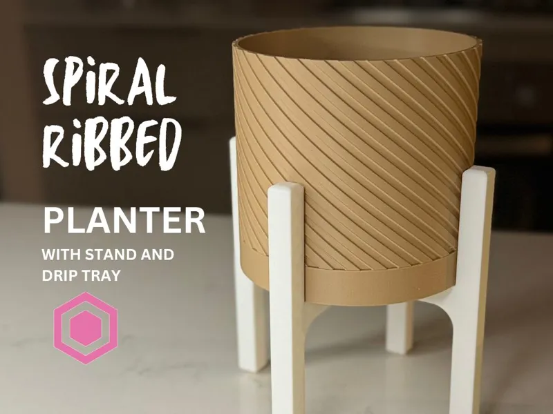 Spiral Ribbed Planter with Stand and Drip Tray