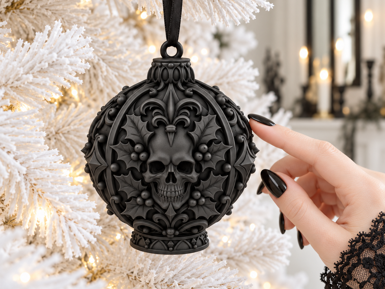 Goth Christmas Yule Skull Holly Baroque Ornament - 1