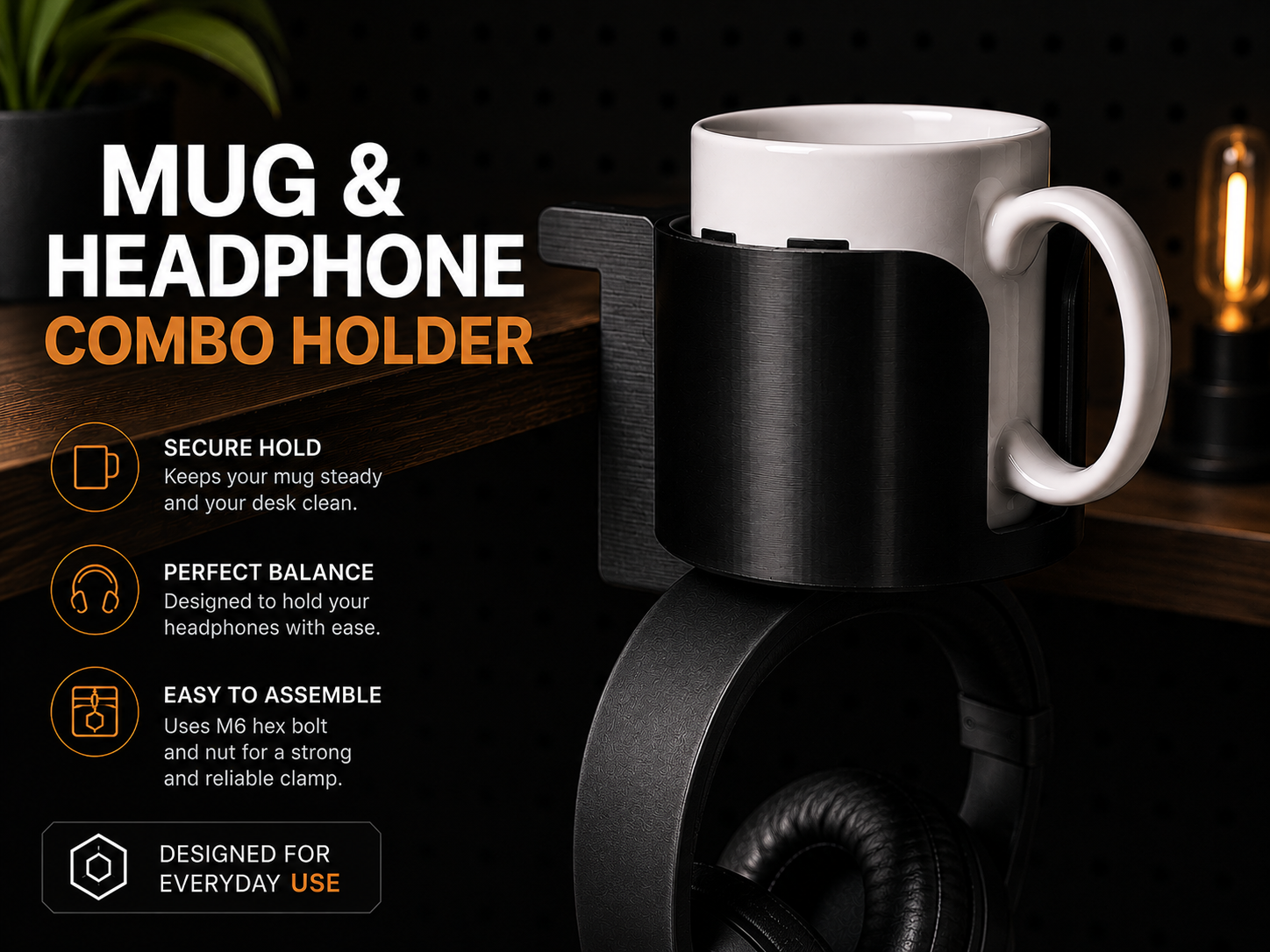 Desk Clamp Mug & Headphone Combo Holder (M6 Bolt)