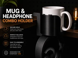 Desk Clamp Mug & Headphone Combo Holder (M6 Bolt)