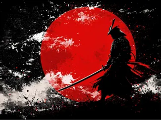 Samurai over Red Moon Background