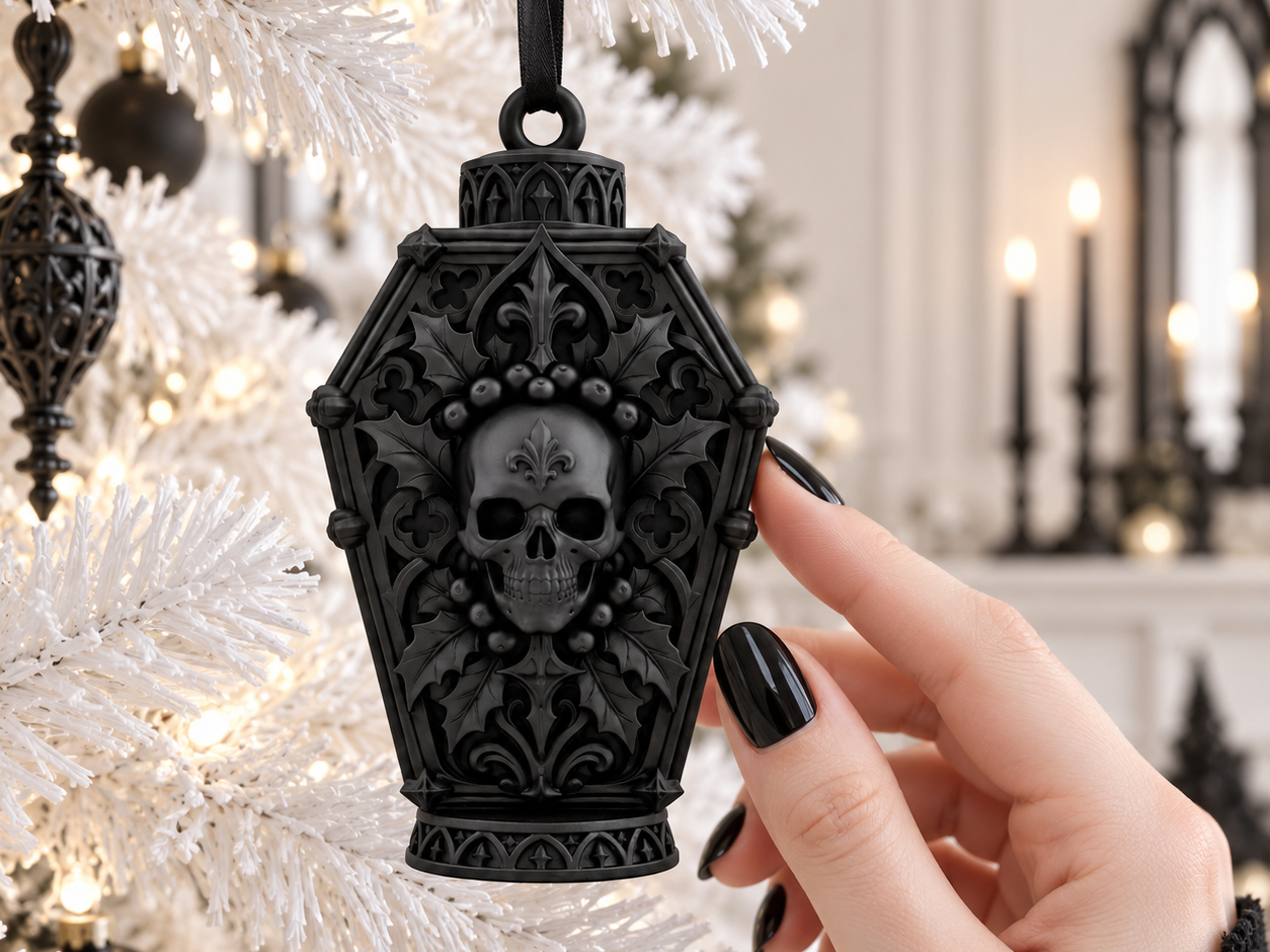 Miniatura de Goth Yule Christmas Skull Coffin Tree Ornament