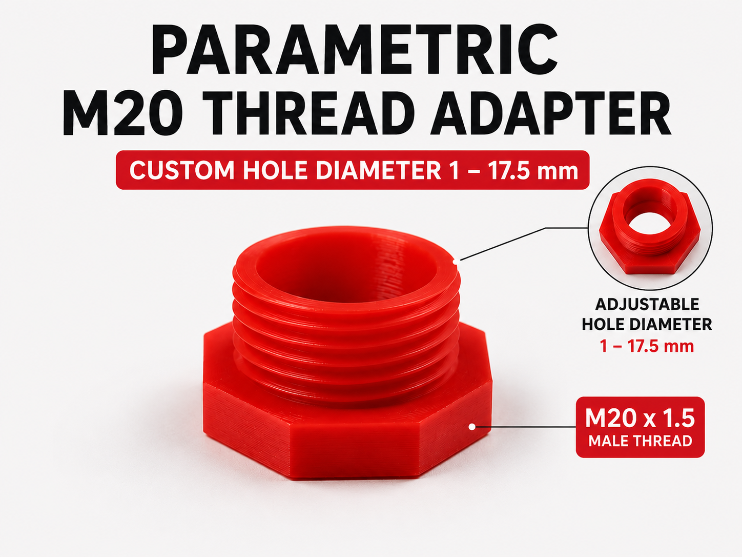 Parametric M20 Thread Adapter to Any Hole 1–17.5mm