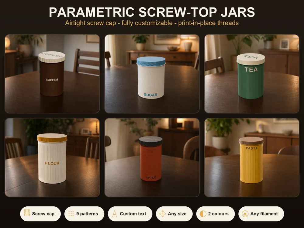 Parametric Screw-Top Jar - Options: Color and Text - Free 3D Print ...