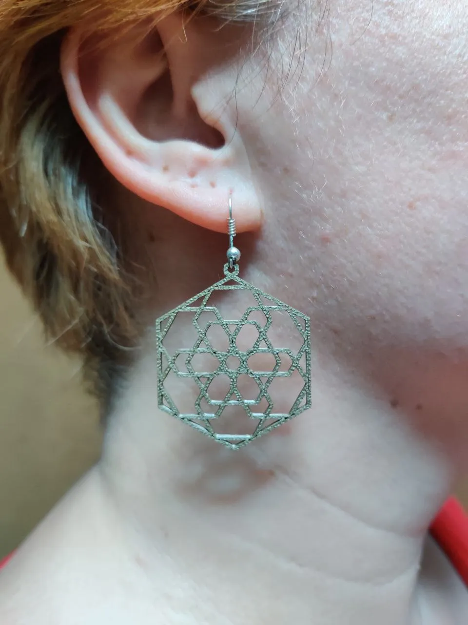 Geometric Hex Flower Earring view 4