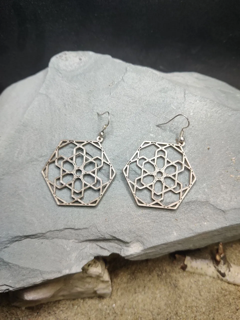 Geometric Hex Flower Earring view 2