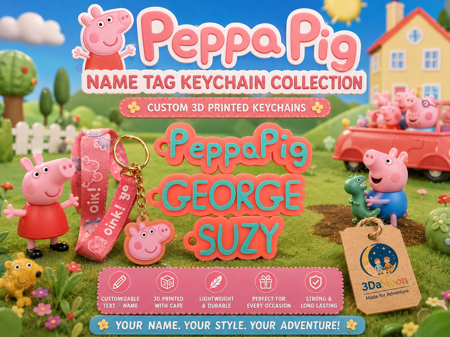 Peppa Pig style customizable nameTag keychain