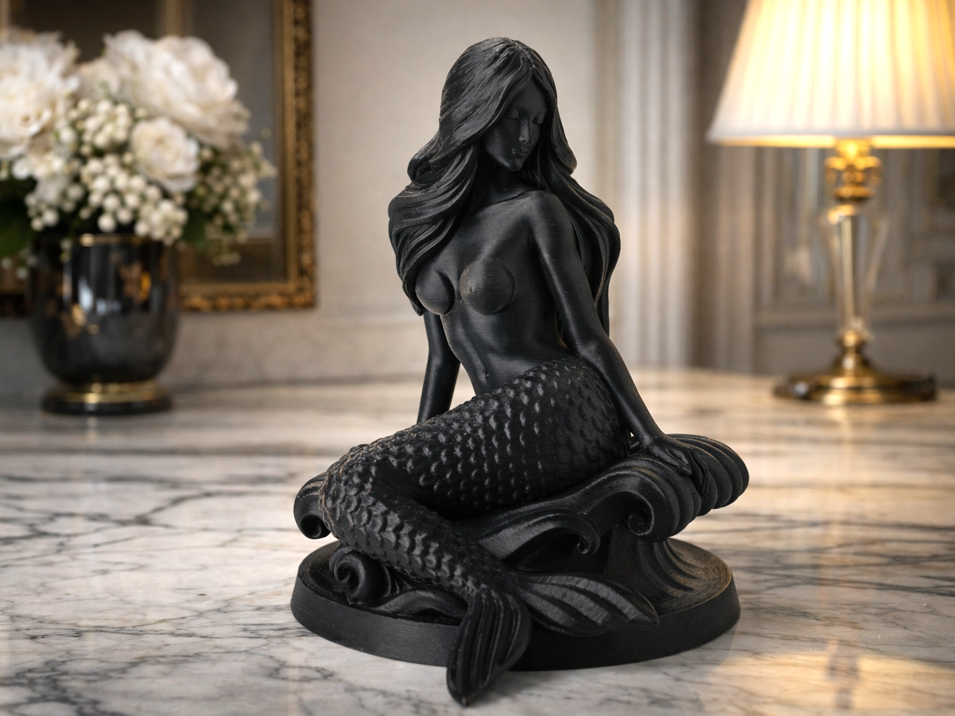 Mermaid Bust Sculpture with Flowing Hair