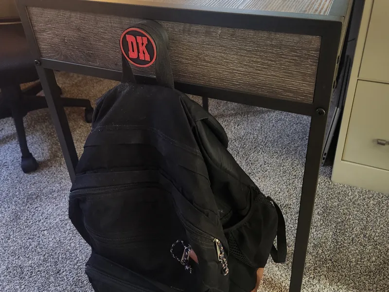 desk backpack hanger with customizable name plate