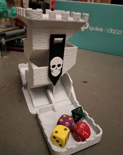 Dice tower with folding trays and pennants
