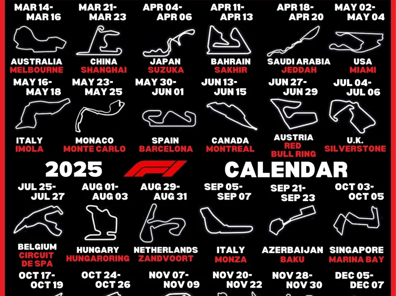 F1 2025 Calendar with names and dates