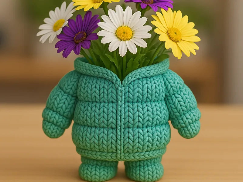 mini pot fleur en doudoune tricoté