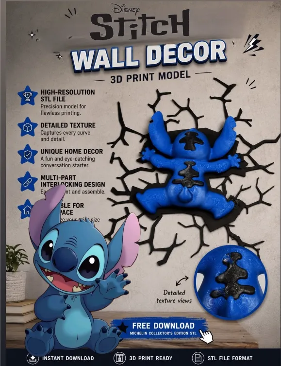 Stitch crashed wall decor sticker magnet - Free 3D Print Model - MakerWorld