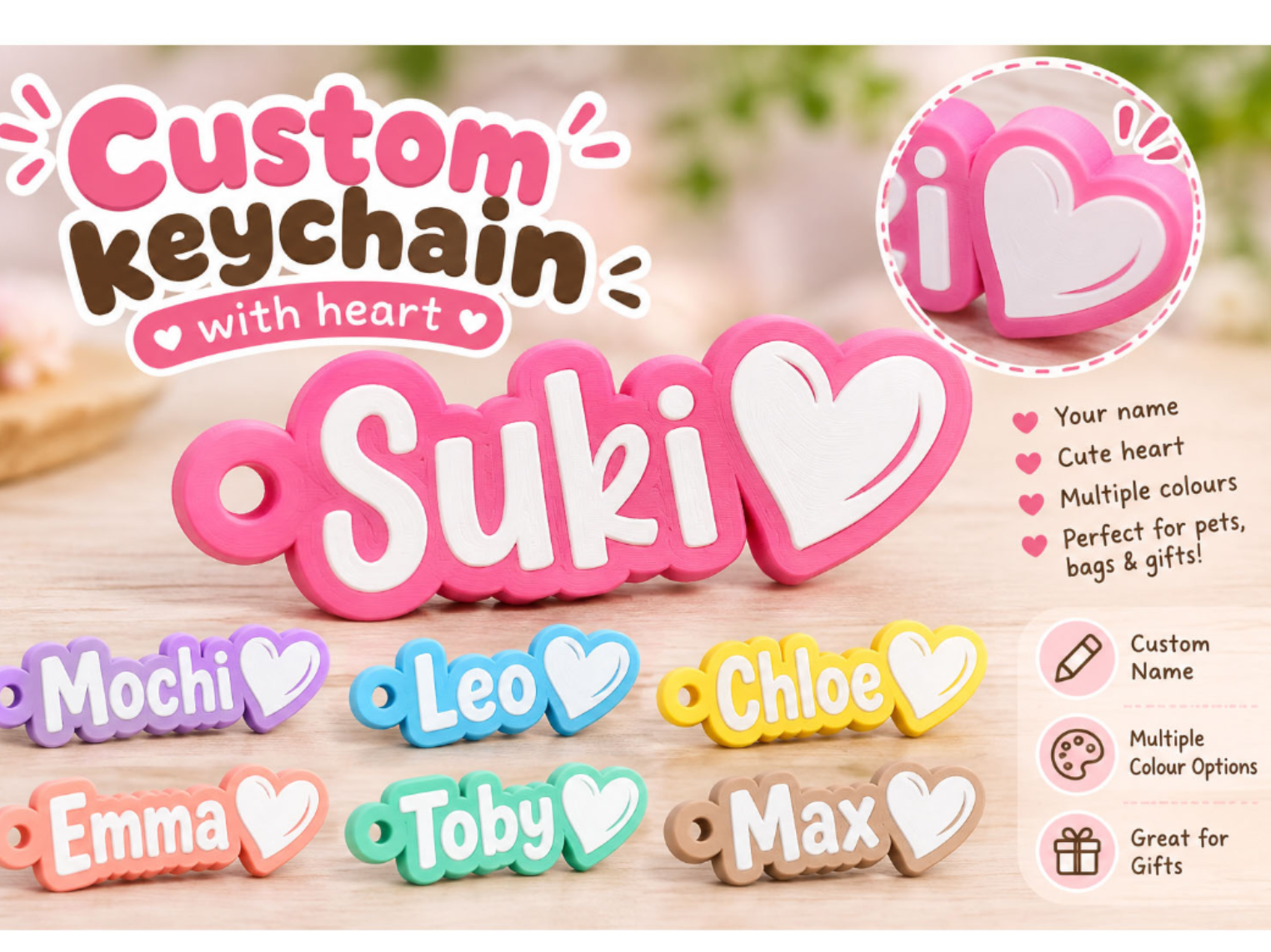 Parametric Custom Name Keychain with Heart Tag - 1