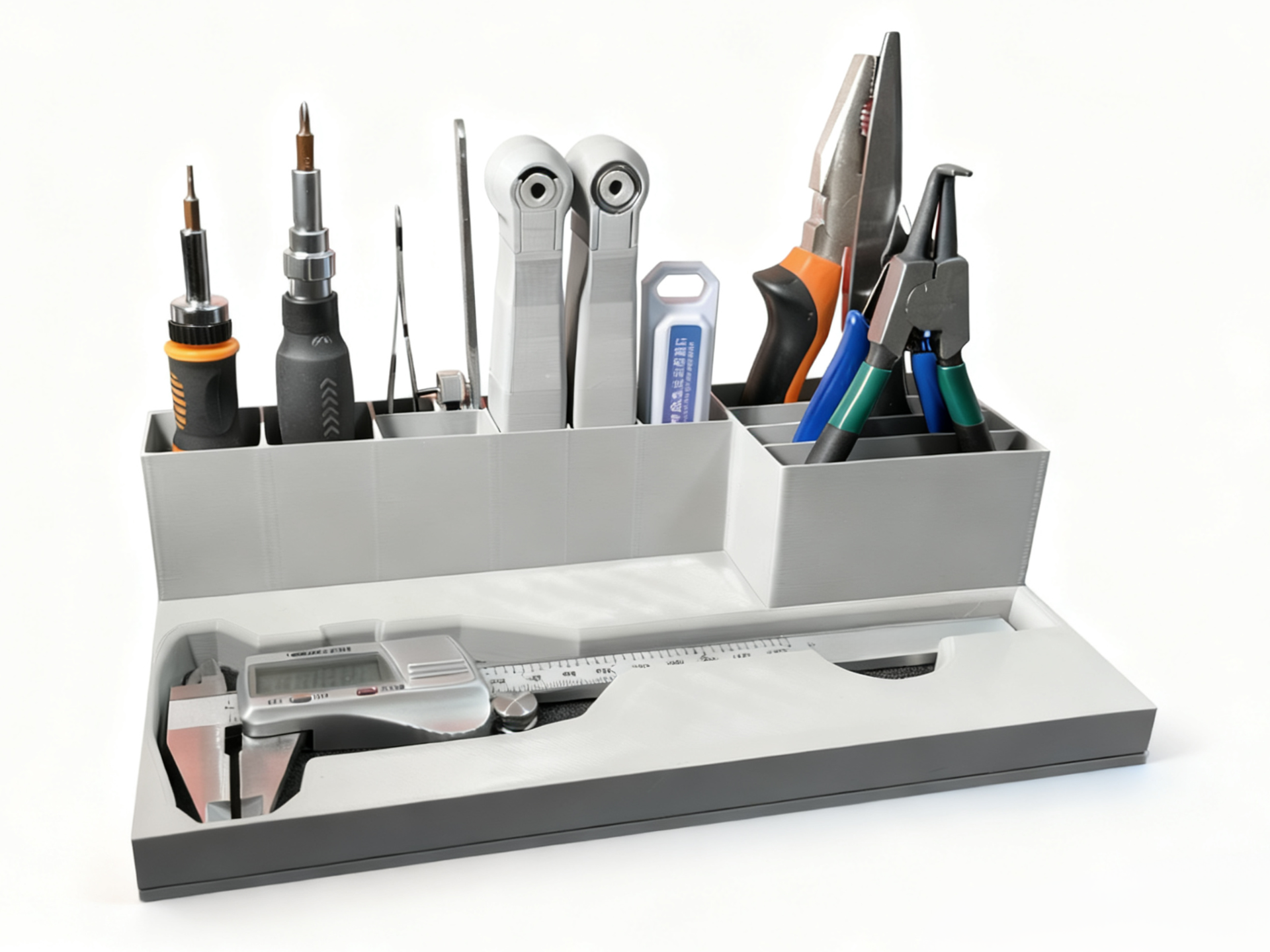 Miniatura 1 do modelo 3D 桌面速取工具收纳盒/收纳框-带游标卡尺通用收纳区（分层设计快速取用）