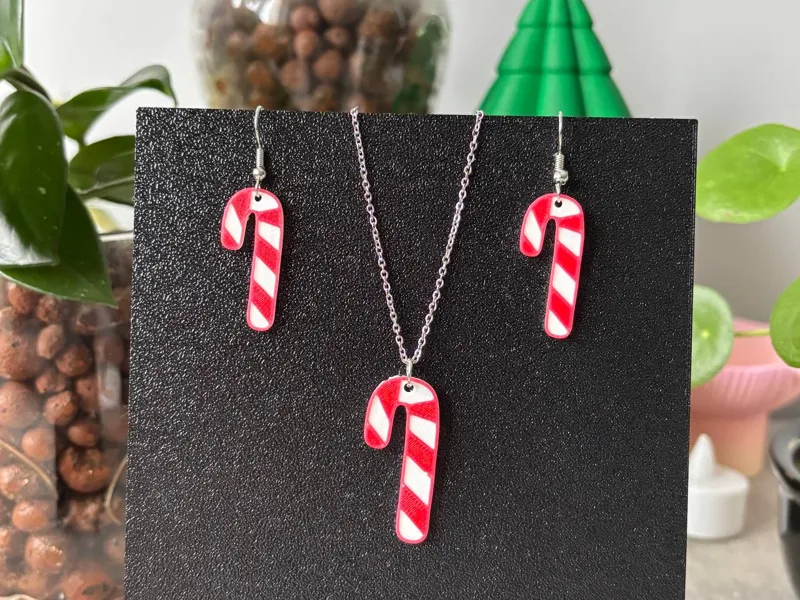 Candy Cane Christmas Jewelry Set Necklace Earrings