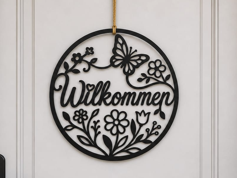 Willkommen Türschild mit Blumen & Schmetterling