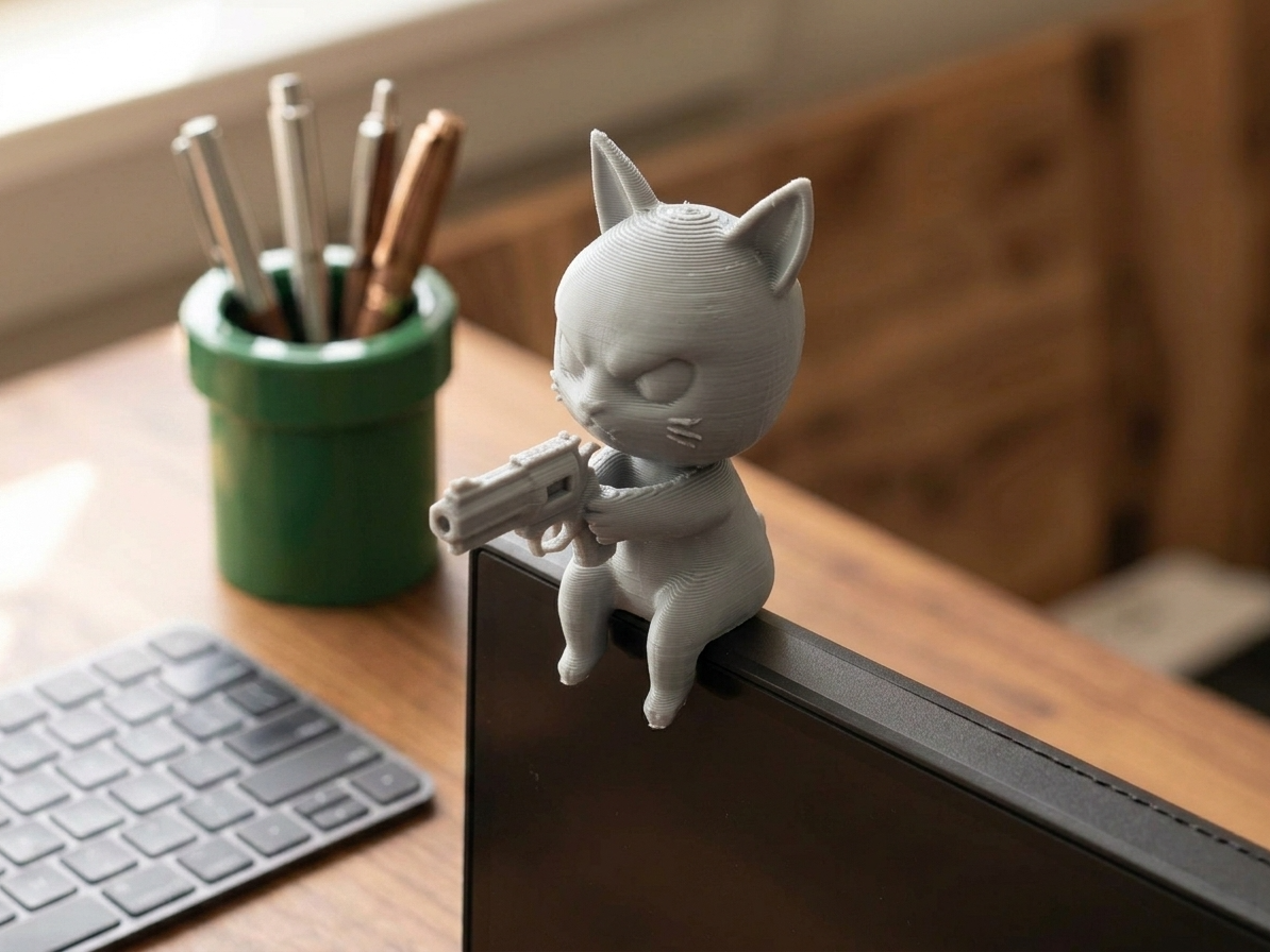 Cat Monitor Buddy Holding Gun Desk Decor