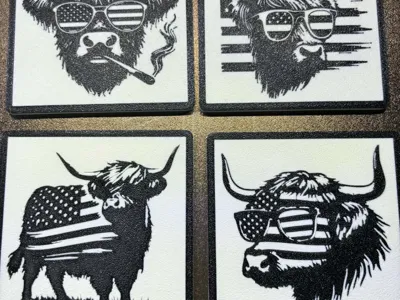 Highland cow flag coaster set