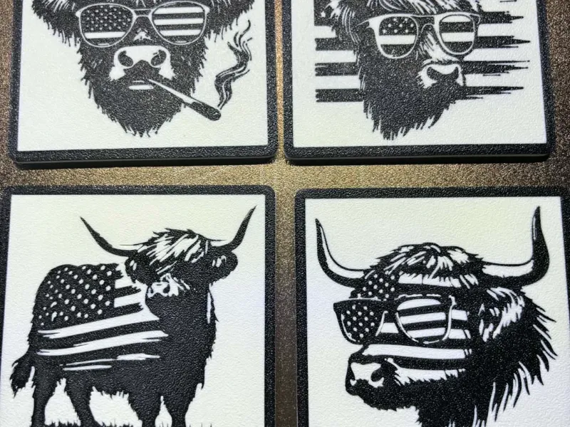 Highland cow flag coaster set