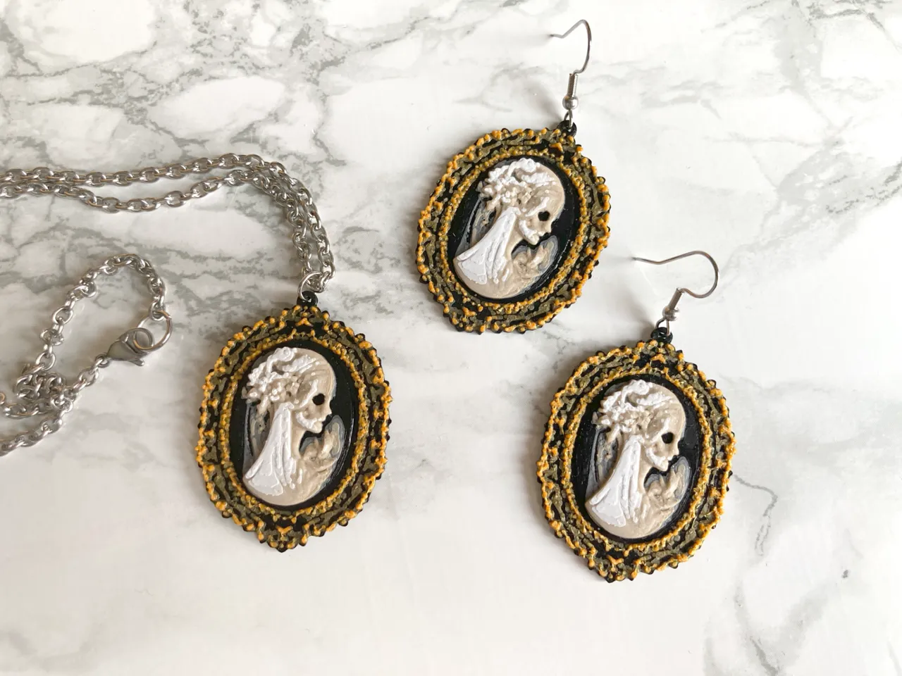 Gothic Victorian Skeletal Cameo Earrings Necklace view 4