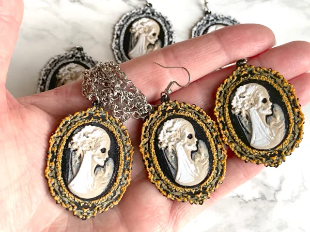 Gothic Victorian Skeletal Cameo Earrings Necklace