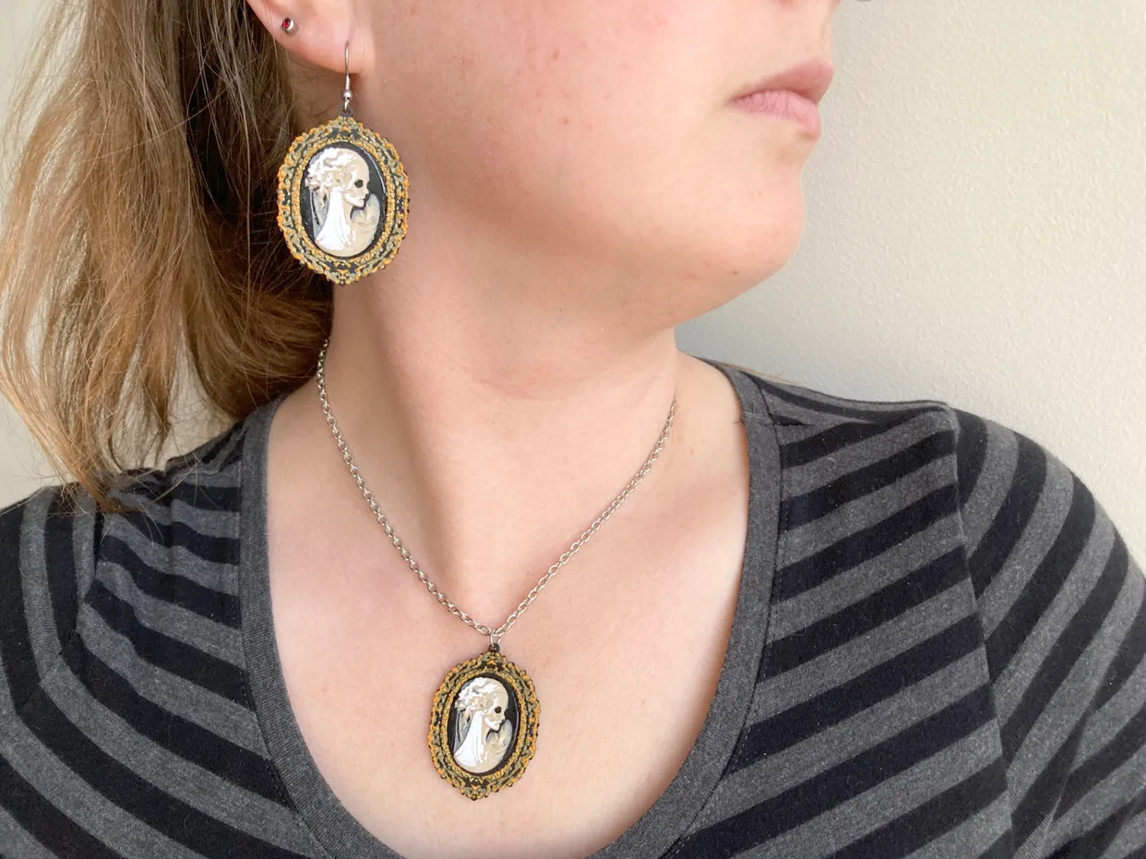 Gothic Victorian Skeletal Cameo Earrings Necklace view 3