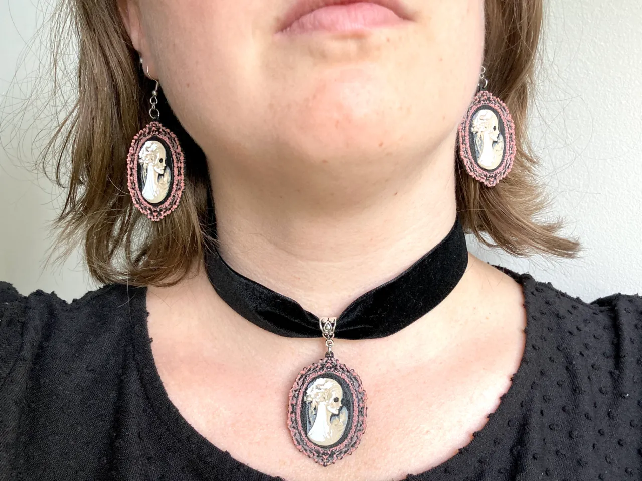 Gothic Victorian Skeletal Cameo Earrings Necklace view 2