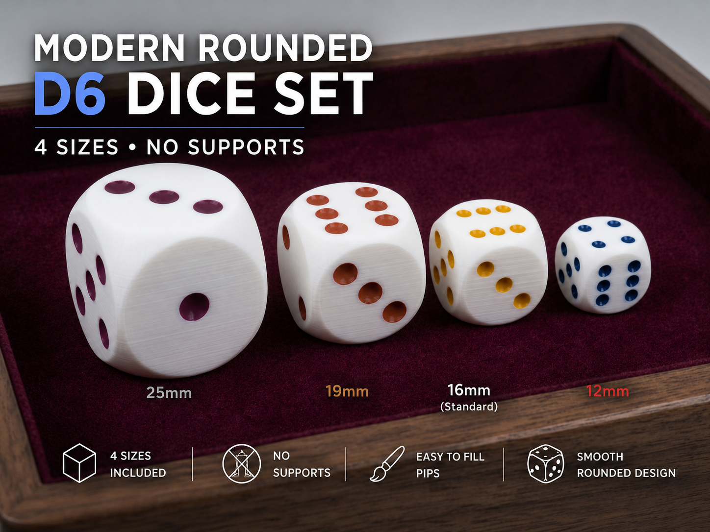 Modern Rounded D6 Dice Set (4 Sizes, No Supports)