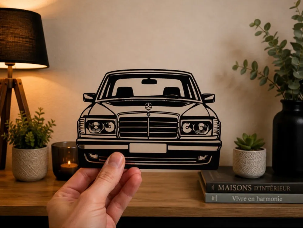 Cuadro decorativo en 3D: Mercedes-Benz W123 – Front View Wall Art. Referencia del modelo original.