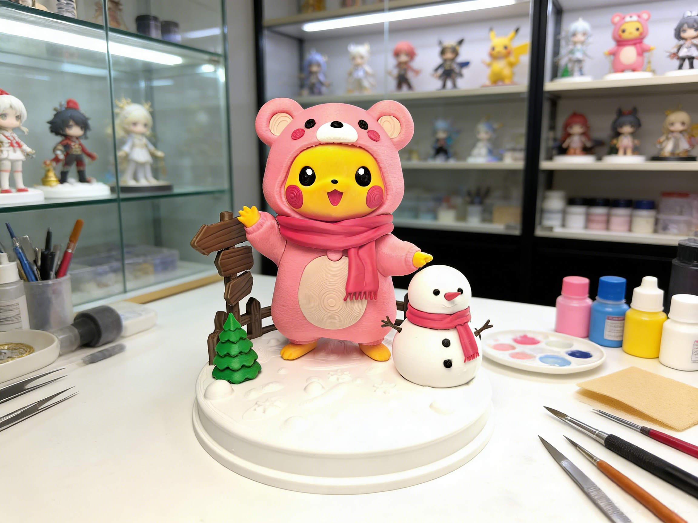 Miniatura 1 do modelo 3D 宝可梦皮卡丘粉熊装 冬日雪人场景 无需AMS拆件打印 易打印高精度 带底座
