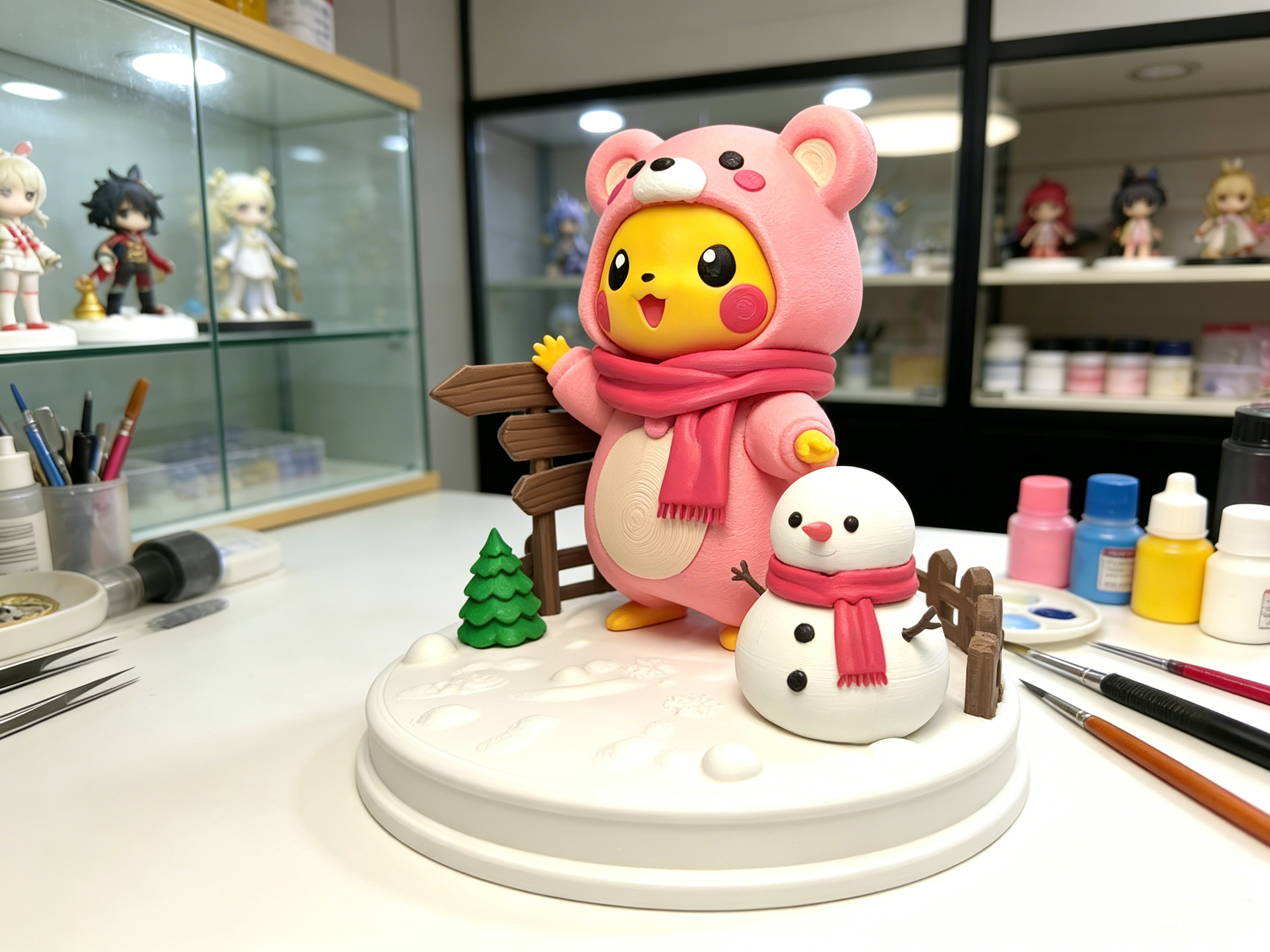 Miniatura 4 do modelo 3D 宝可梦皮卡丘粉熊装 冬日雪人场景 无需AMS拆件打印 易打印高精度 带底座