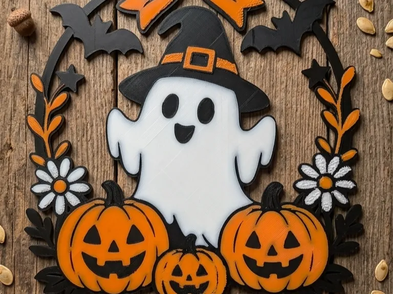 Adorno temático: Cute Spooky Halloween Ghost Wreath. Referencia del modelo original.