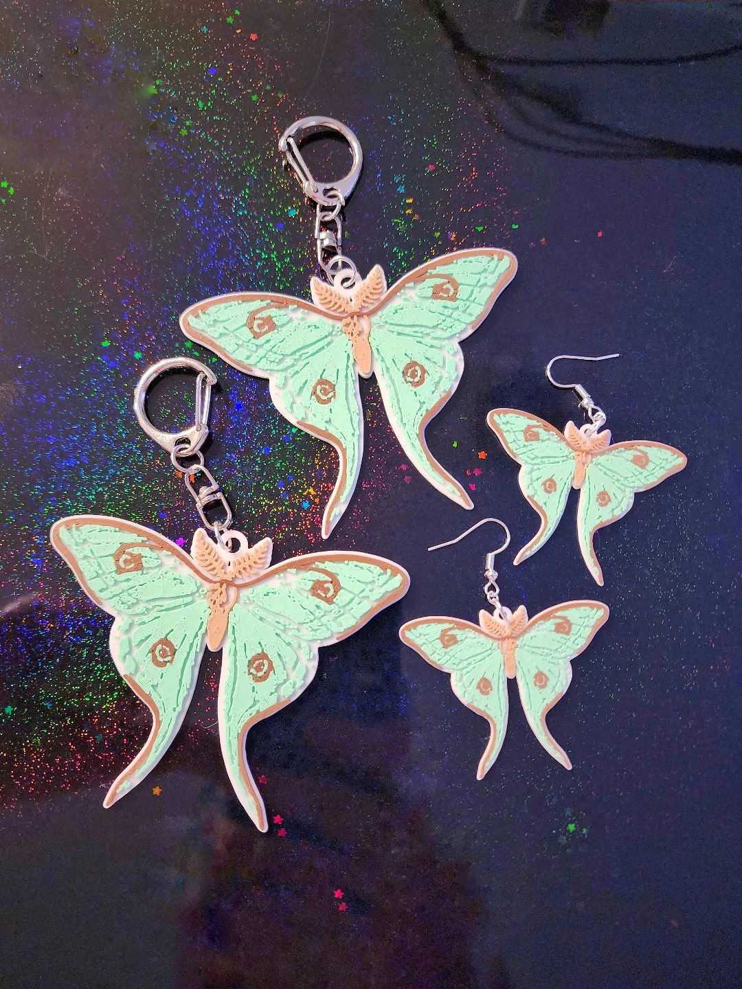 Luna Moth Keychain & Earrings view 2