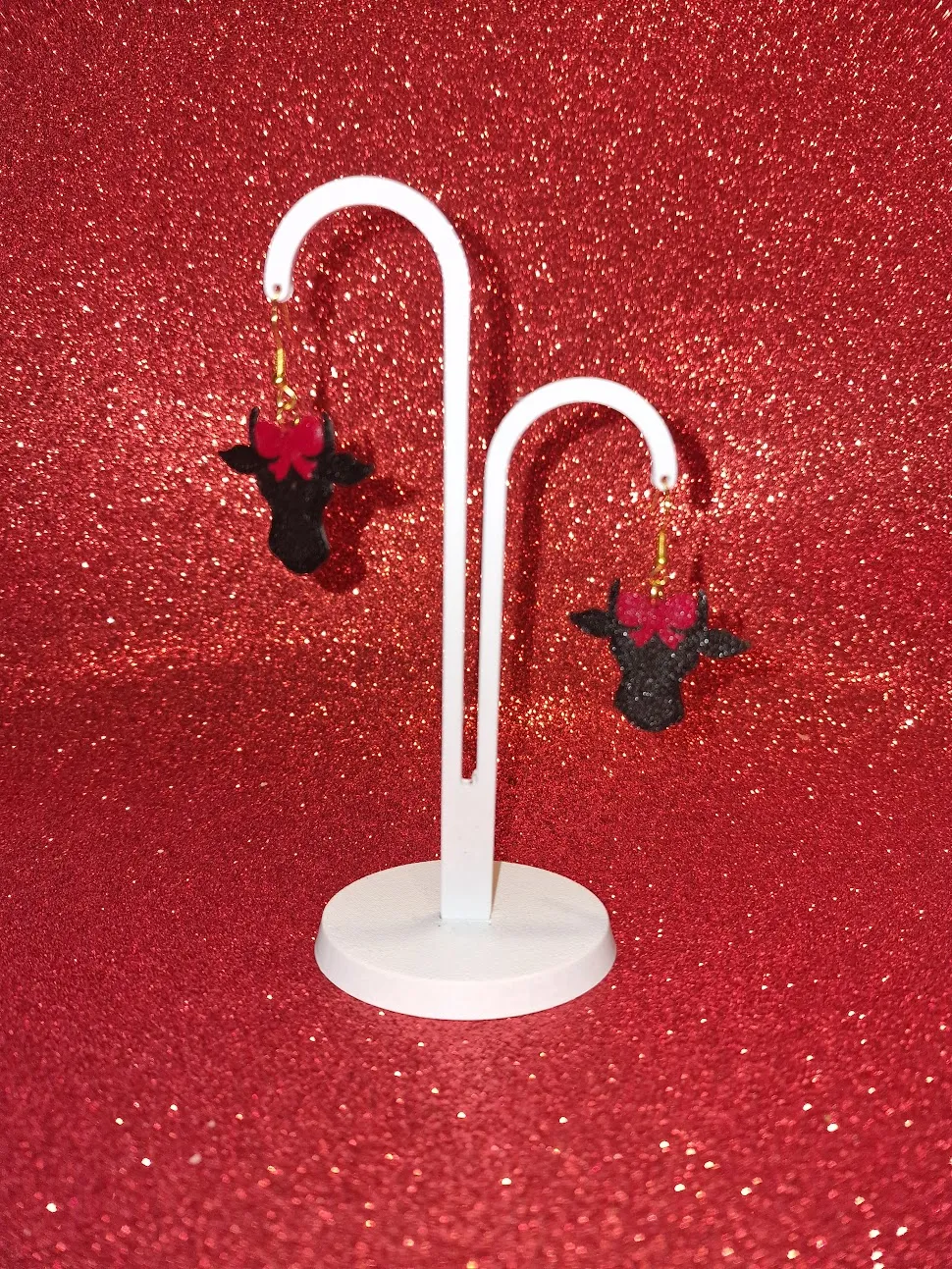 Cow red bow earrings view 3