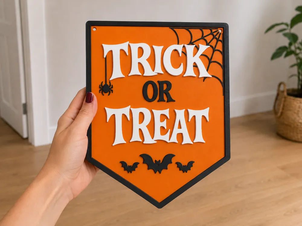 Modelo para impresión 3D: Trick or Treat Halloween Plaque. Referencia del modelo original.