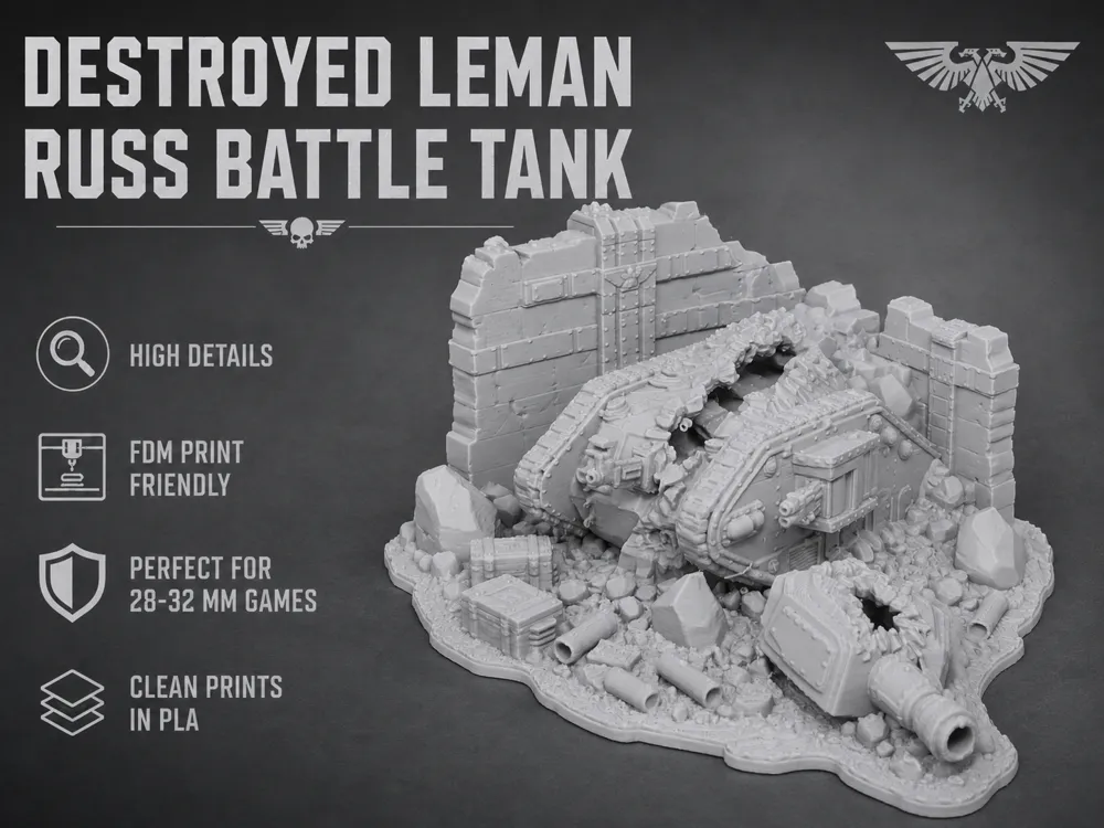 Escenografía en miniatura: Destroyed Leman Russ - Tabletop Terrain. Referencia del modelo original.