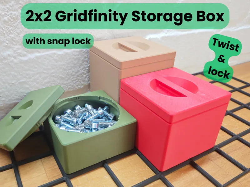 Gridfinity  Box with handle and twist snap lid 2x2