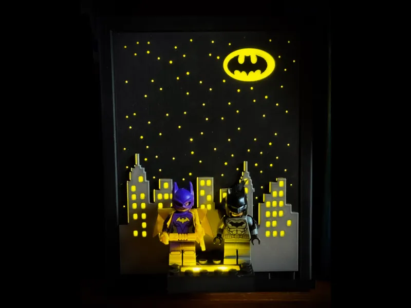 Lighted Brick Minifig Stand With Backlit Cityscape