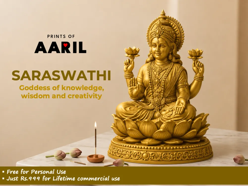 Letrero o emblema decorativo: Goddess Saraswathi – Premium Devotional Idol. Referencia del modelo original.